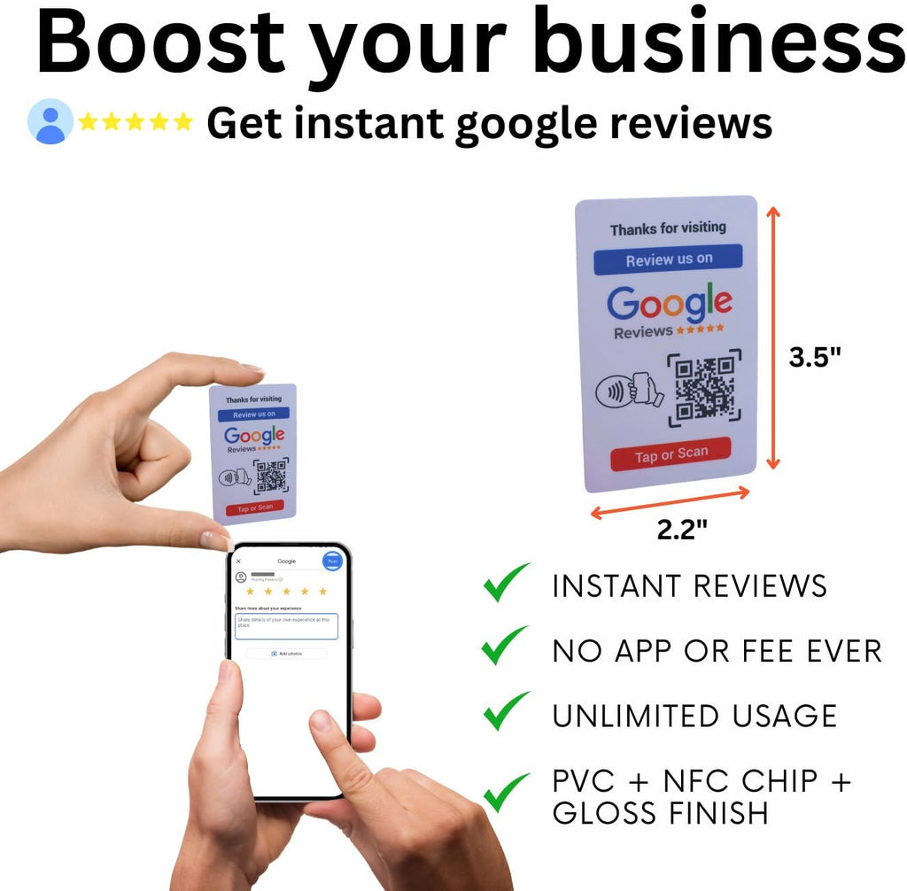 Google Review Card with NFC & QR Code- Easy Tap or Scan to get Customer Feedback - Compatible with iPhone & Android - No App, No Subs. (White)