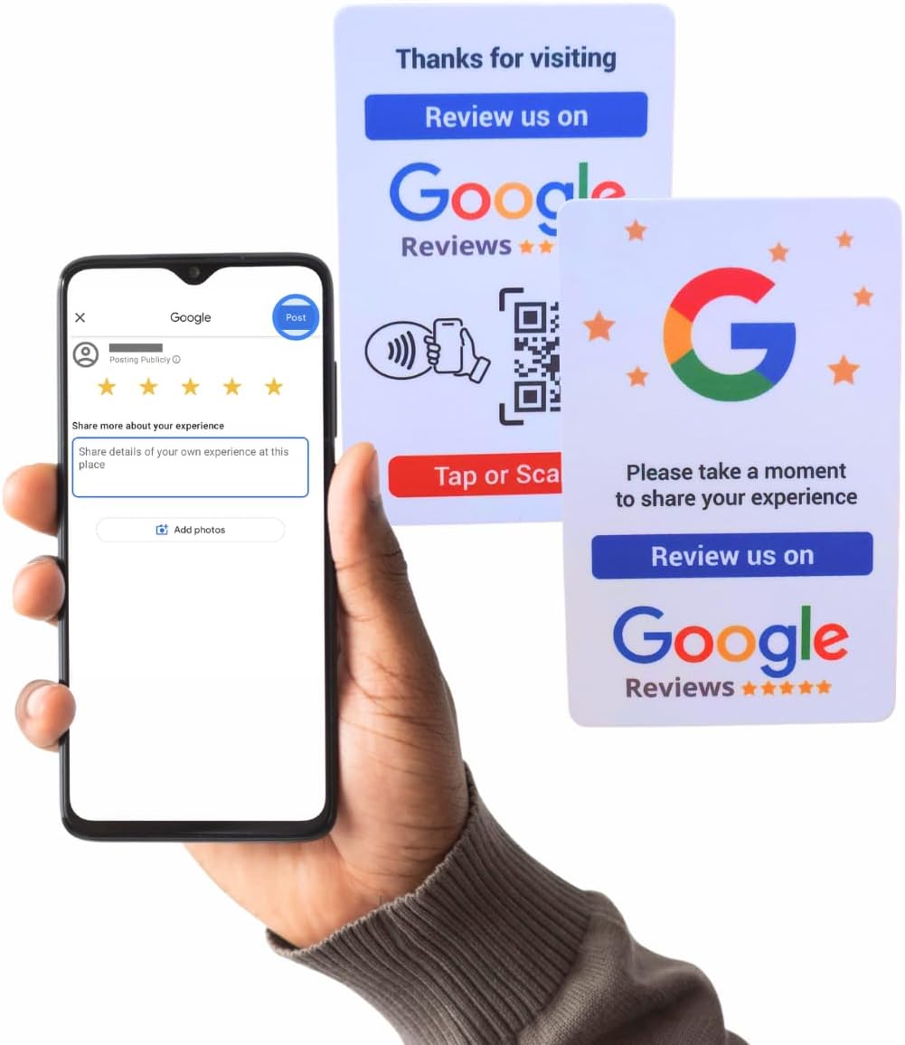 Google Review Card with NFC & QR Code- Easy Tap or Scan to get Customer Feedback - Compatible with iPhone & Android - No App, No Subs. (White)