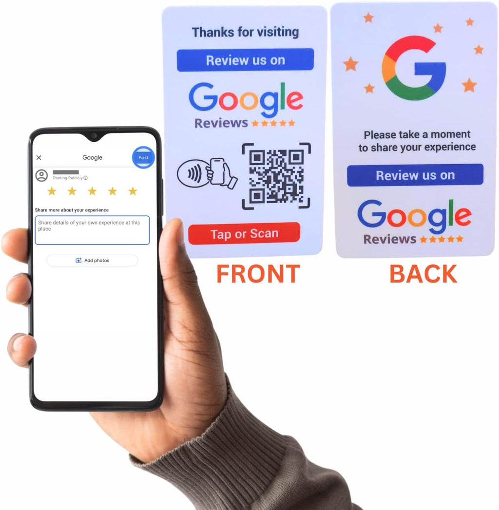 Google Review Card with NFC & QR Code- Easy Tap or Scan to get Customer Feedback - Compatible with iPhone & Android - No App, No Subs. (White)